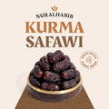 Bowl of dates with Nuralhabib Safawi Dates branding on a beige background
